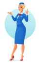 Beautiful smiling flight attendant in uniform presenting and showing ok sign gesture. Vector illustration isolated on