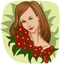 Beautiful smiling girl with garland of exotic red flowers and green leaves