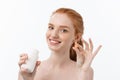 Beautiful Smiling Girl Taking Medication, Holding Bottle With Pills. Healthy Happy Female Eating Pill. Vitamins And Royalty Free Stock Photo