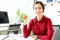 Beautiful smiling girl at workplace look in camera portrait Royalty Free Stock Photo