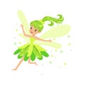 Beautiful smiling green Fairy girl flying colorful cartoon character vector Illustration Royalty Free Stock Photo