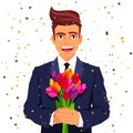 Beautiful smiling man with a bouquet of flowers