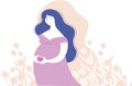 Beautiful smiling pregnant woman dreaming about her future baby. Expecting a child with love. Floral pattern around Royalty Free Stock Photo