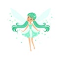 Beautiful smiling turquoise Fairy girl flying colorful cartoon character vector Illustration Royalty Free Stock Photo