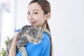 Beautiful smiling woman with a cat in her arms. Veterinary medicine concept