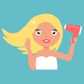 Beautiful Smiling Woman Drying Healthy Long Straight Hair Using Hairdryer. Royalty Free Stock Photo