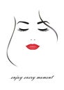 Beautiful smiling woman face with closed eyes and red lips, isolated on the white background, vertical vector Royalty Free Stock Photo