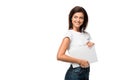 Smiling woman holding laptop, isolated on white Royalty Free Stock Photo