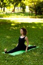 Beautiful smiling woman in morning park doing yoga and outdoor gymnastics. Green grass and rays of sun Royalty Free Stock Photo