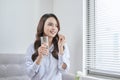 Beautiful Smiling Woman Taking Vitamin Pill. Dietary Supplement Royalty Free Stock Photo