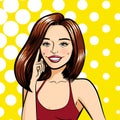 A beautiful smiling woman. Vector isolated illustration on a yellow dotted background.