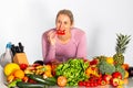 Beautiful smiling woman with vegetables. Fresh vegetables fruites.