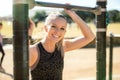Beautiful smiling young blonde caucasian woman lifestyle headshot portrait during fitness routine at outdoor Royalty Free Stock Photo