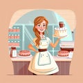 Beautiful smiling young woman, in an apron, proud owner of a small cafe specializing in coffee and baked treats