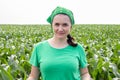 Beautiful smiling young woman farmer in green t-shirt and green sun hat standing in the middle of a green corn field on a sunny Royalty Free Stock Photo