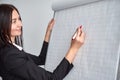 Beautiful smiling young woman writing on a blank flipchart in office as she does a presentation or promotion Royalty Free Stock Photo