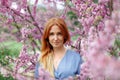 Beautiful smilling redhead woman in spring time blossom cherrytrees garden Royalty Free Stock Photo