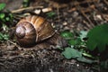 A beautiful snail reaches for a green leaf
