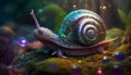 A beautiful snail with a shiny shell sits on a stone