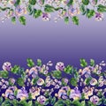 Beautiful snail vine twigs with purple flowers on gradient background. Seamless floral pattern, border. Watercolor painting.