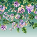 Beautiful snail vine twigs with purple flowers on green background. Seamless floral pattern, border. Watercolor painting. Royalty Free Stock Photo