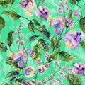 Beautiful snail vine twigs with purple flowers on green background. Seamless floral pattern. Watercolor painting. Hand painted