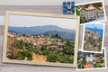 Beautiful snapshots of various Cyprus landscapes, villages, monastery in wooden frames arranged on rustic background