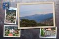 Beautiful snapshots of various Cyprus landscapes, villages, monastery in wooden frames arranged on rustic background Royalty Free Stock Photo