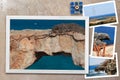 Beautiful snapshots of various Cyprus landscapes in wooden frames arranged on rustic background, with copy space Royalty Free Stock Photo