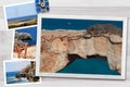 Beautiful snapshots of various Cyprus landscapes in wooden frames arranged on rustic background, with copy space