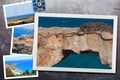 Beautiful snapshots of various Cyprus landscapes in wooden frames arranged on rustic background, with copy space Royalty Free Stock Photo