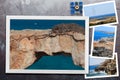 Beautiful snapshots of various Cyprus landscapes in wooden frames arranged on rustic background, with copy space