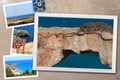 Beautiful snapshots of various Cyprus landscapes in wooden frames arranged on rustic background, with copy space