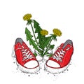 Beautiful sneakers and dandelions. Vector illustration. Fashion & Style. Ready-made card design.