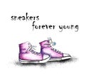 Beautiful sneakers. illustration for a picture or poster. Youth shoes. Sports, running and walking. Pink sneakers and flowers.