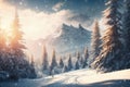 Beautiful snow-covered forest day fir trees, pines, it's snowing. Mountains and the sun. Royalty Free Stock Photo