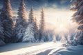 Beautiful snow-covered forest day fir trees, pines, it's snowing. Mountains and the sun. Royalty Free Stock Photo