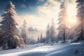 Beautiful snow-covered forest day fir trees, pines, it's snowing. Mountains and the sun. Royalty Free Stock Photo