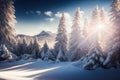 Beautiful snow-covered forest day fir trees, pines, it's snowing. Mountains and the sun. Royalty Free Stock Photo