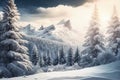 Beautiful snow-covered forest day fir trees, pines, it's snowing. Mountains and the sun. Royalty Free Stock Photo