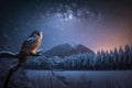 Beautiful snow-covered forest at night, owl, fir trees, pines, it\'s snowing. Moon. Royalty Free Stock Photo