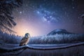 Beautiful snow-covered forest at night, owl, fir trees, pines, it's snowing. Moon. Royalty Free Stock Photo