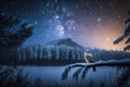 Beautiful snow-covered forest at night, owl, fir trees, pines, it's snowing. Moon. Royalty Free Stock Photo