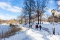 Snow Covered Trail at Central Park next to the Pond during Winter in New York City Royalty Free Stock Photo