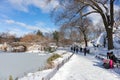 Snow Covered Trail at Central Park next to the Pond during Winter in New York City Royalty Free Stock Photo