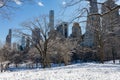 Central Park Snow Covered Winter Landscape with the Midtown Manhattan Skyline in New York City Royalty Free Stock Photo