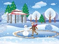 Beautiful snow landscape garden with a gazebo and a snowman Royalty Free Stock Photo