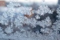 Beautiful snow patterns, water ornaments on transparent glass.Christmas snowflakes. Royalty Free Stock Photo