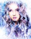 Beautiful snow queen with snow flakes and ornamental frost pattern Royalty Free Stock Photo