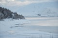 Stunning winter scene of Lake tekapo with heavy snow during day time.